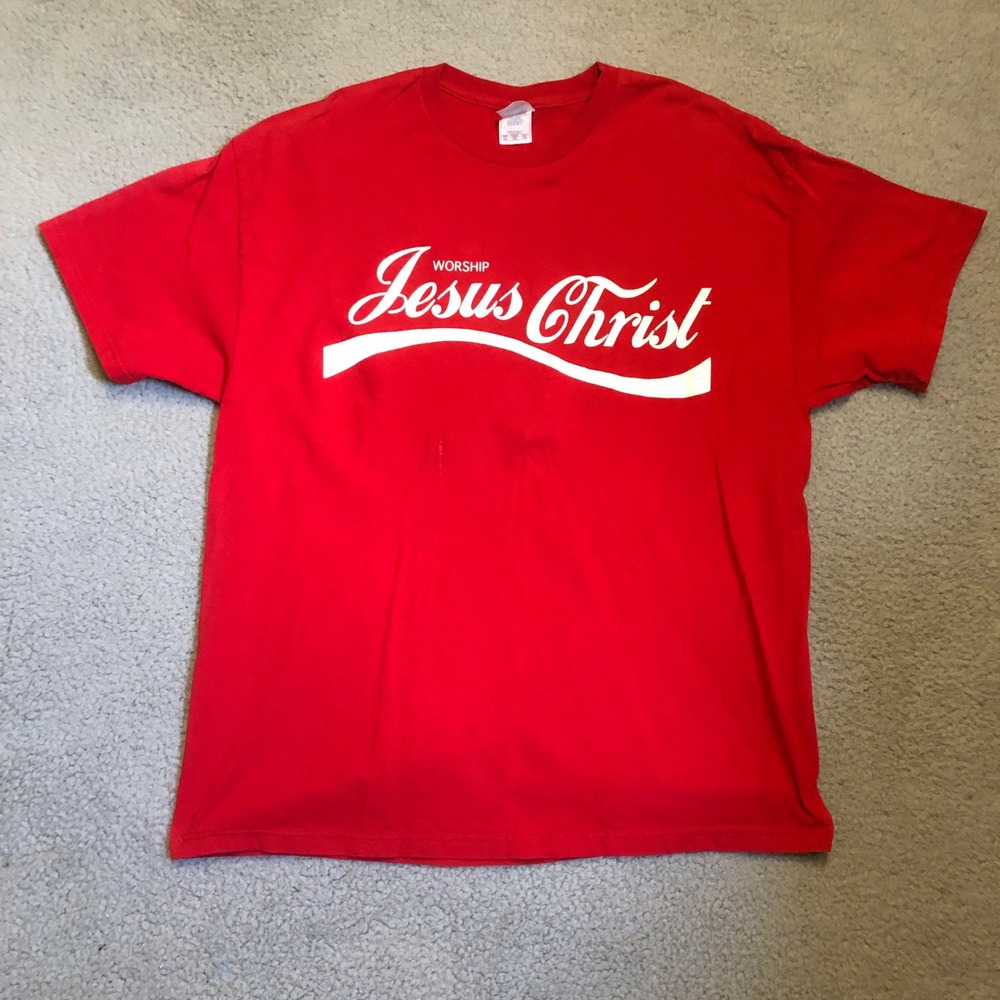Vtg 2000s Worship Jesus Christ Coca Cola Parody Tee Red XL Tennessee River Shirt